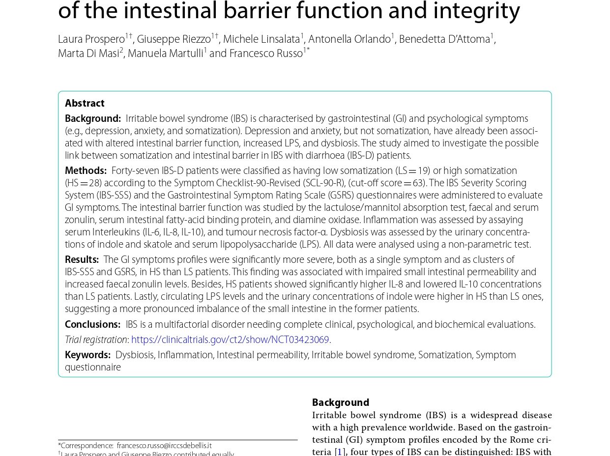 Somatization in patients with predominant diarrhoea irritable bowel syndrome: the role of the intestinal barrier function and integrity