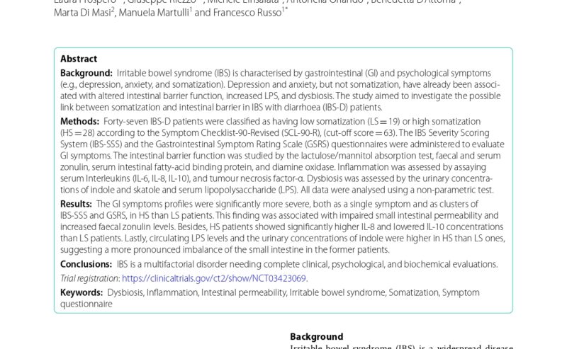 Somatization in patients with predominant diarrhoea irritable bowel syndrome: the role of the intestinal barrier function and integrity